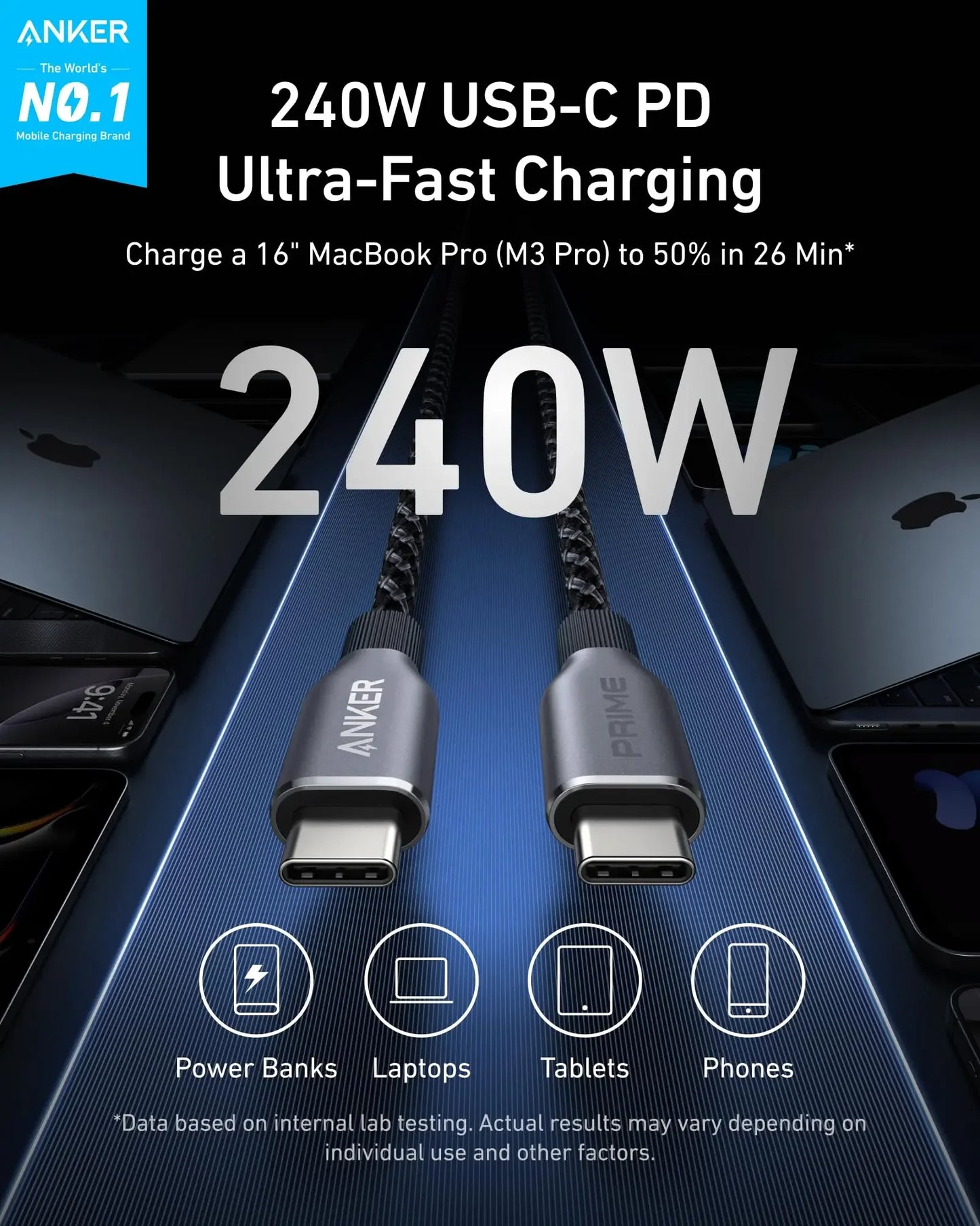 Cabo USB-C para USB-C Anker Prime 240W - 3 pés de Carregamento Rápido