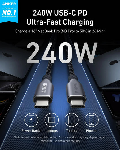 Cabo USB-C para USB-C Anker Prime 240W - 3 pés de Carregamento Rápido