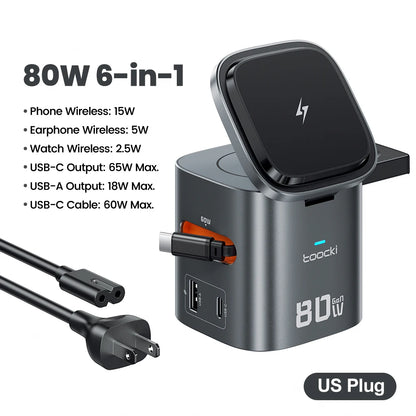 Estação de Carregamento Toocki 80W 6 em 1 com GaN para Magsafe 15W e Cabo Retrátil 60W