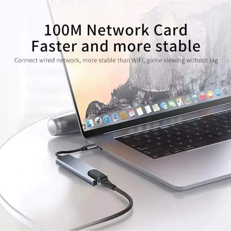 Hub USB-C 8 em 1 - Adaptador Type C 3.1 para 4K HDTV com RJ45 e Leitor de Cartão SD/TF