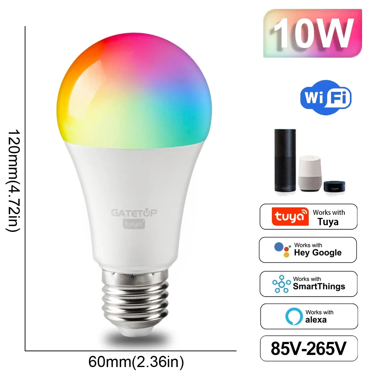Lâmpada Inteligente RGB Dimmable Tuya - Conectividade Wi-Fi e Compatível com Alexa e Google Home