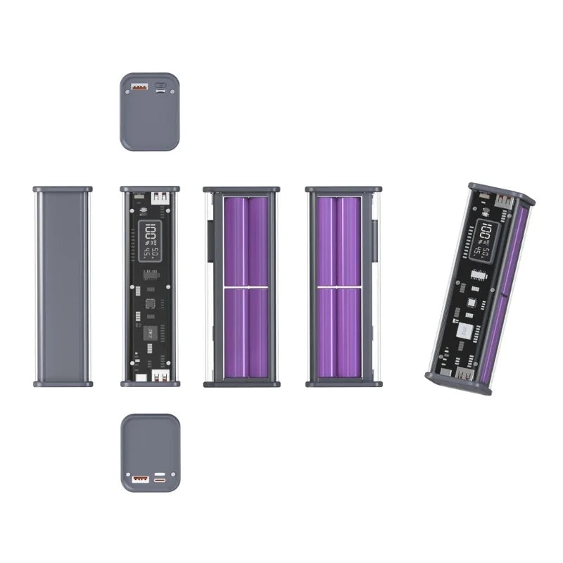 Carregador de Bateria DIY 22.5W - Caixa Transparente com Carregamento Rápido PD para 8 Baterias 18650 de Polímero 20000mAh