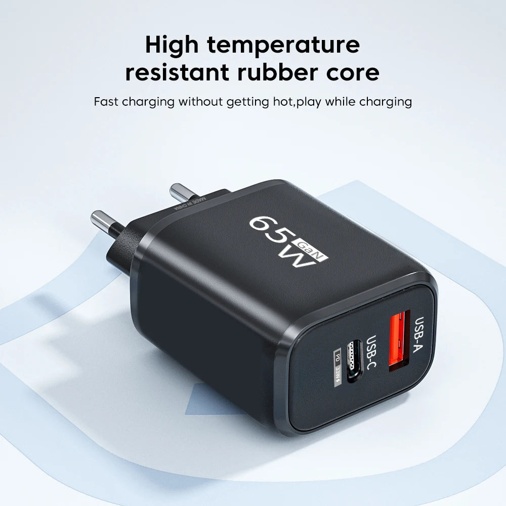 Carregador Rápido PD 65W GaN 2 em 1 - Plugue EU com Duas Portas USB Type C