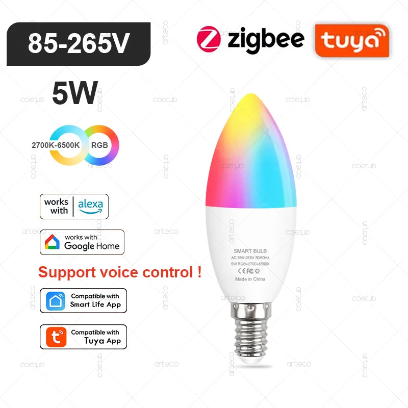 Lâmpada Inteligente Tuya E27 E14 GU10 WiFi Zigbee Bluetooth - LED Dimmable RGB 2700-6500K