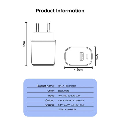 Carregador Rápido PD 65W GaN 2 em 1 - Plugue EU com Duas Portas USB Type C
