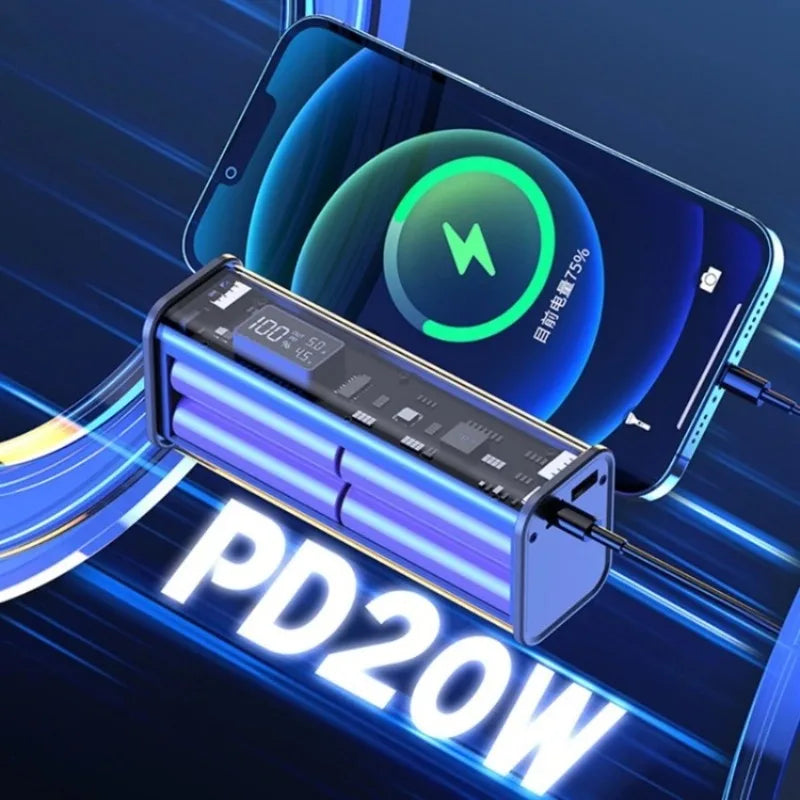 Carregador de Bateria DIY 22.5W - Caixa Transparente com Carregamento Rápido PD para 8 Baterias 18650 de Polímero 20000mAh