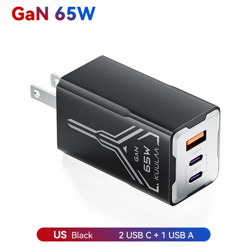Carregador KUULAA 65W GaN - Carregamento Rápido 4.0 e 3.0 para iPhone 15, 14, 13 Pro Max e Laptops