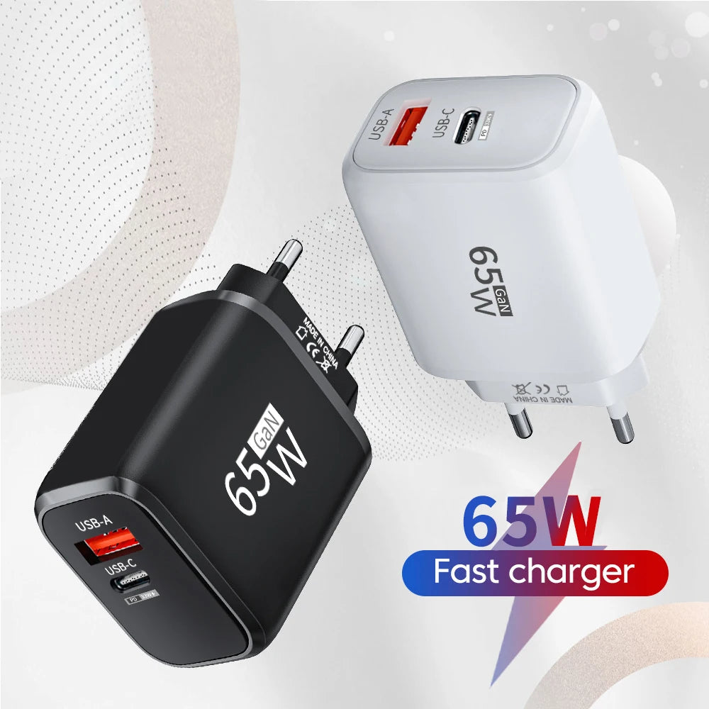 Carregador Rápido PD 65W GaN 2 em 1 - Plugue EU com Duas Portas USB Type C