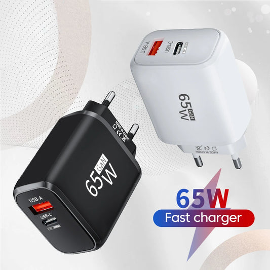 Carregador Rápido PD 65W GaN 2 em 1 - Plugue EU com Duas Portas USB Type C
