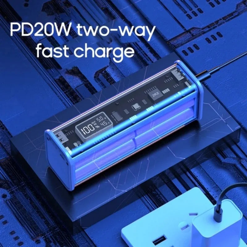 Carregador de Bateria DIY 22.5W - Caixa Transparente com Carregamento Rápido PD para 8 Baterias 18650 de Polímero 20000mAh