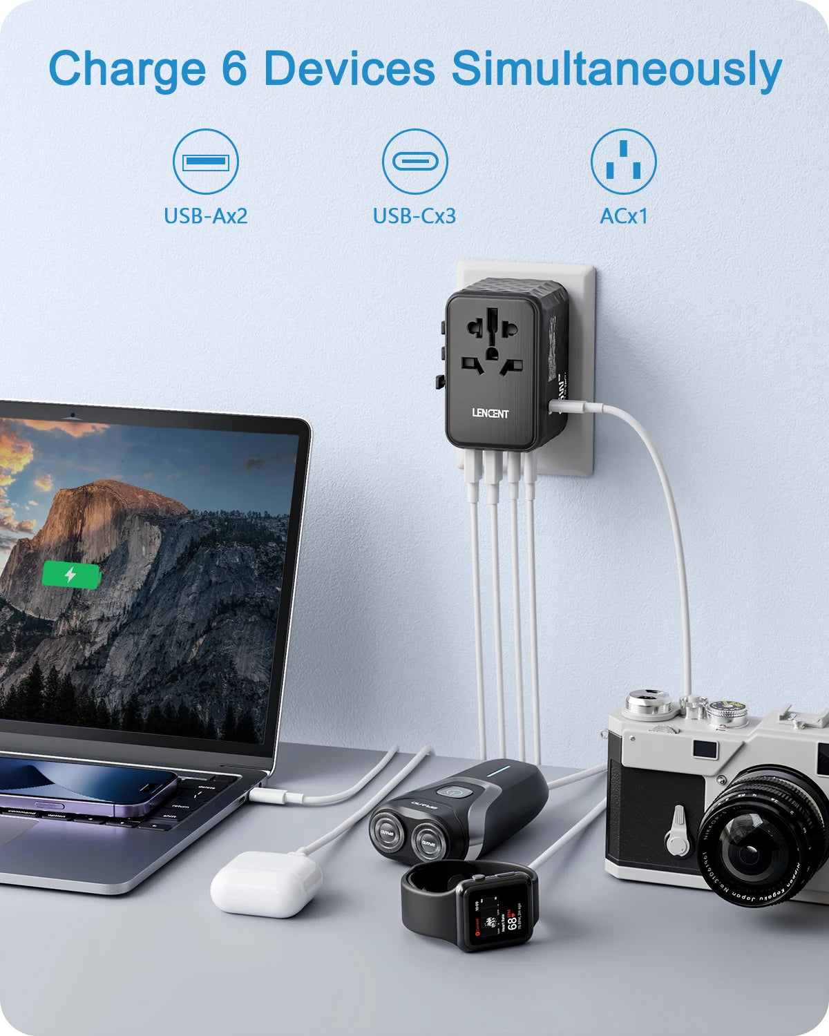 Adaptador de Viagem Universal LENCENT 65W GaN com 2 USB e 3 Type C - Carregador Rápido para EU
