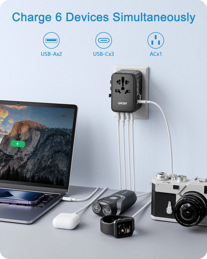 Adaptador de Viagem Universal LENCENT 65W GaN com 2 USB e 3 Type C - Carregador Rápido para EU