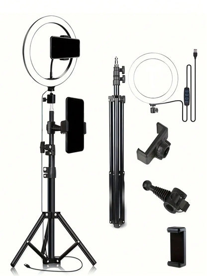 Tripé de 110cm com O-clip e Luz de Anel para Streaming de 10 Polegadas