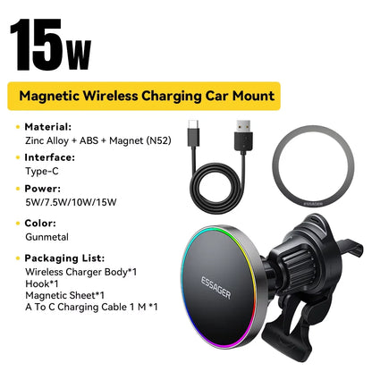 Carregador Veicular Magnético Essager 15W com Suporte Ajustável 360°