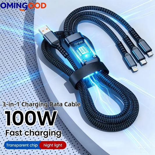 Cabo Carregador 3 em 1 Nylon Trançado 100W - Carregamento Rápido