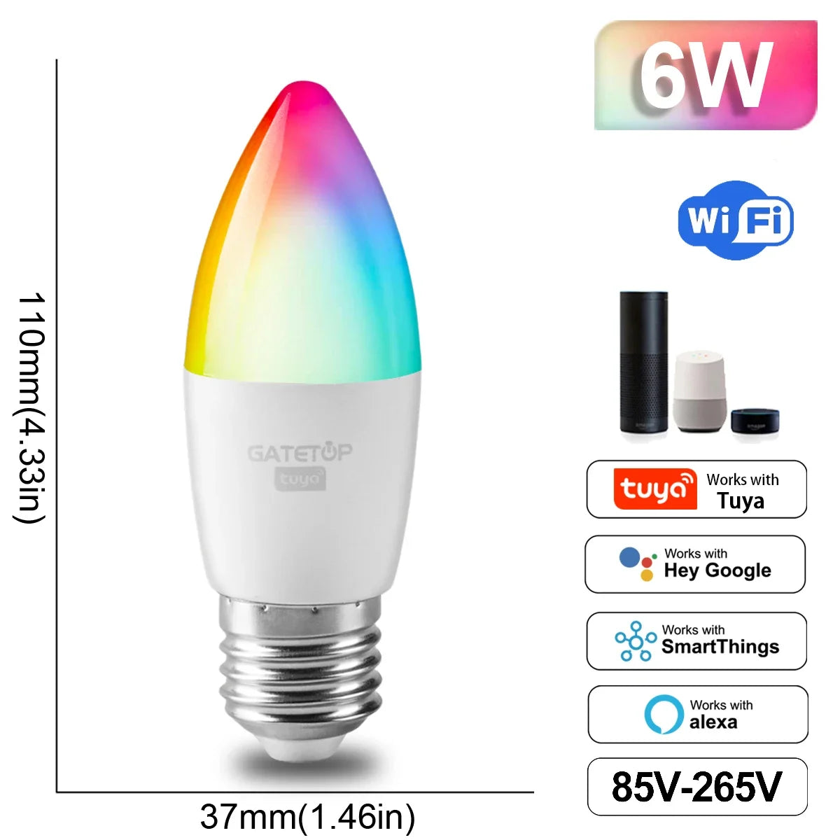 Lâmpada Inteligente RGB Dimmable Tuya - Conectividade Wi-Fi e Compatível com Alexa e Google Home