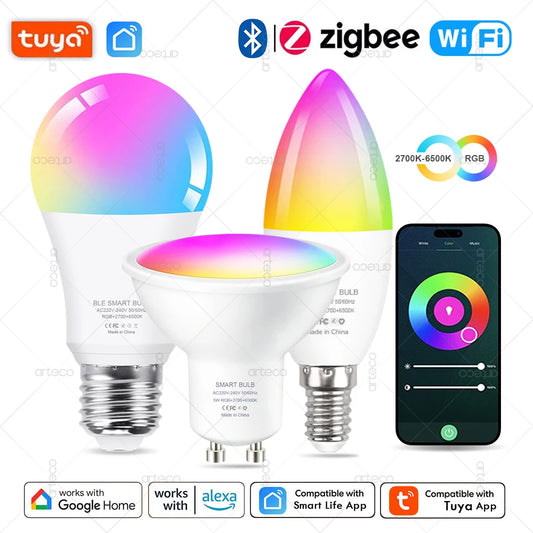 Lâmpada Inteligente Tuya E27 E14 GU10 WiFi Zigbee Bluetooth - LED Dimmable RGB 2700-6500K