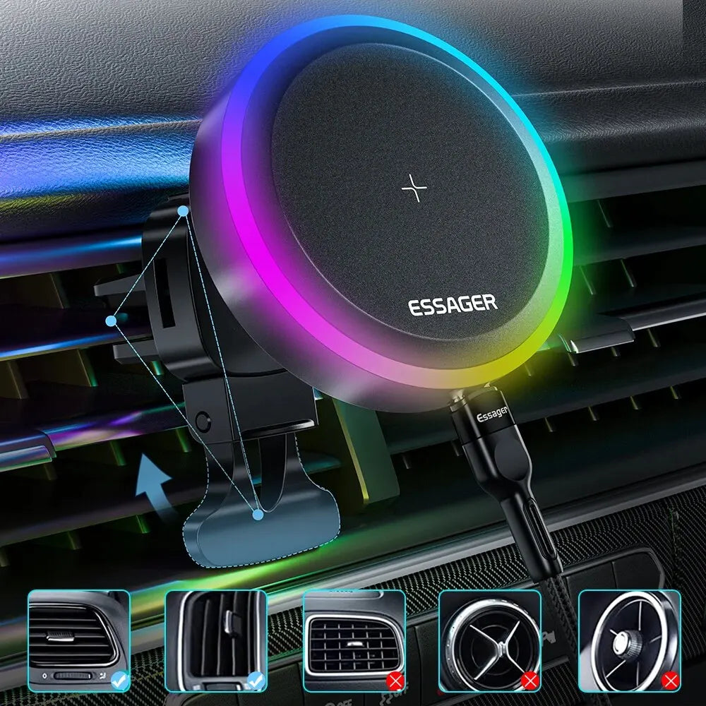 Suporte Magnético para Celular Essager RGB com Carregador Sem Fio Qi 15W