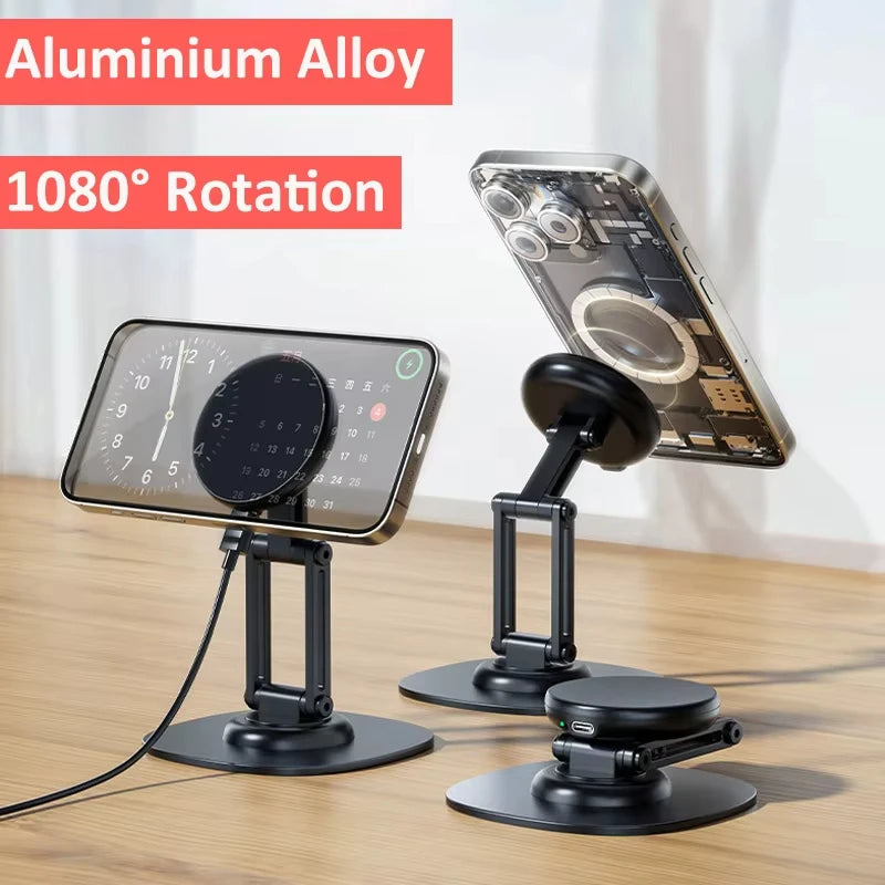 Suporte de Mesa Magnético Dobrável em Liga de Alumínio com Rotação 360° para iPhone com MagSafe