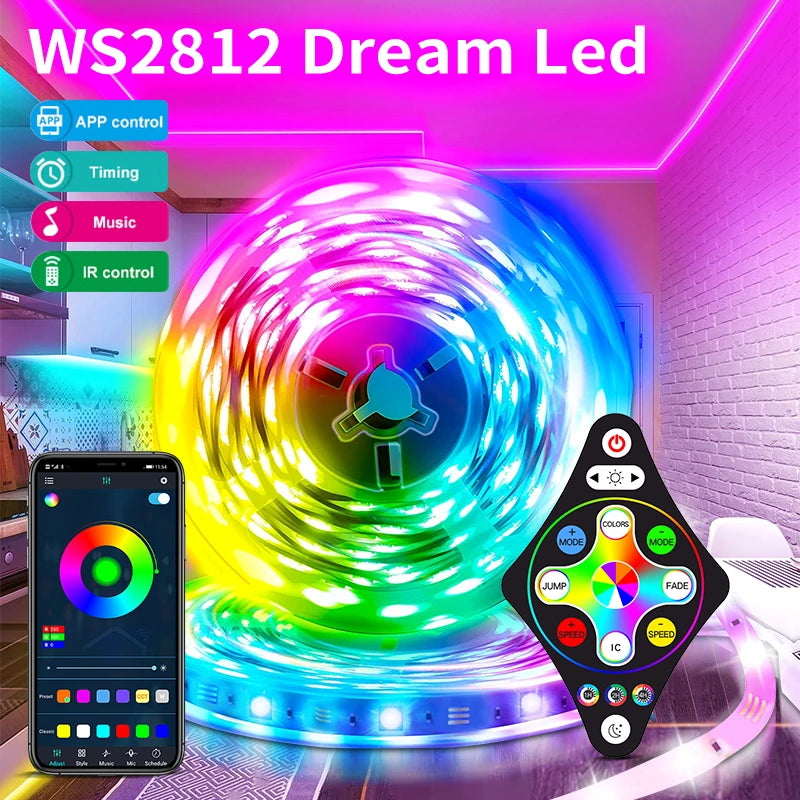 Fita de LED WS2812 Dream com Controle APP - Conjunto Completo com Fonte de Alimentação e Controle Remoto