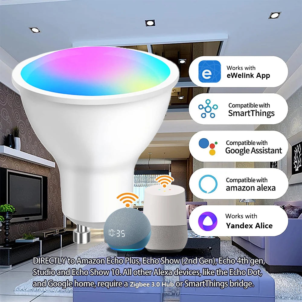 Lâmpada Inteligente LED GU10 Zigbee/WiFi RGB CW WW - Compatível com Alexa e Google