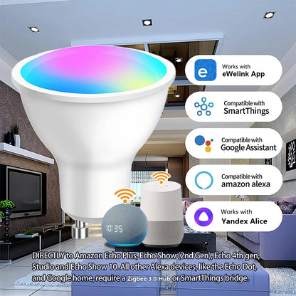 Lâmpada Inteligente LED GU10 Zigbee/WiFi RGB CW WW - Compatível com Alexa e Google