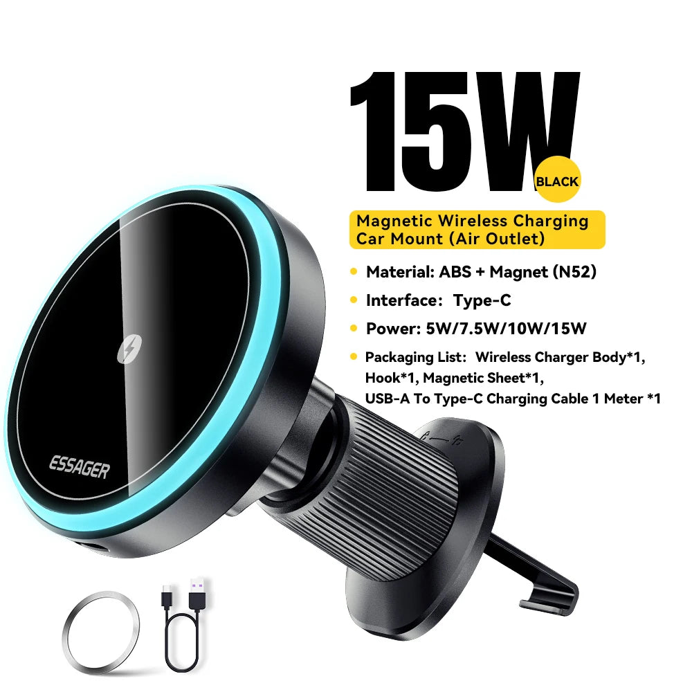 Suporte Veicular Magnético para Carregamento Sem Fio Essager 15W com Luz RGB