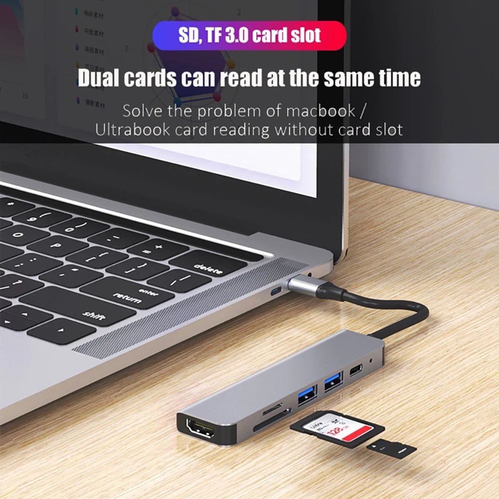 Hub USB-C 6 em 1 - Adaptador Tipo C 3.0 com Saída 4K HDMI, Leitor de Cartões SD/TF e Carregamento Rápido PD