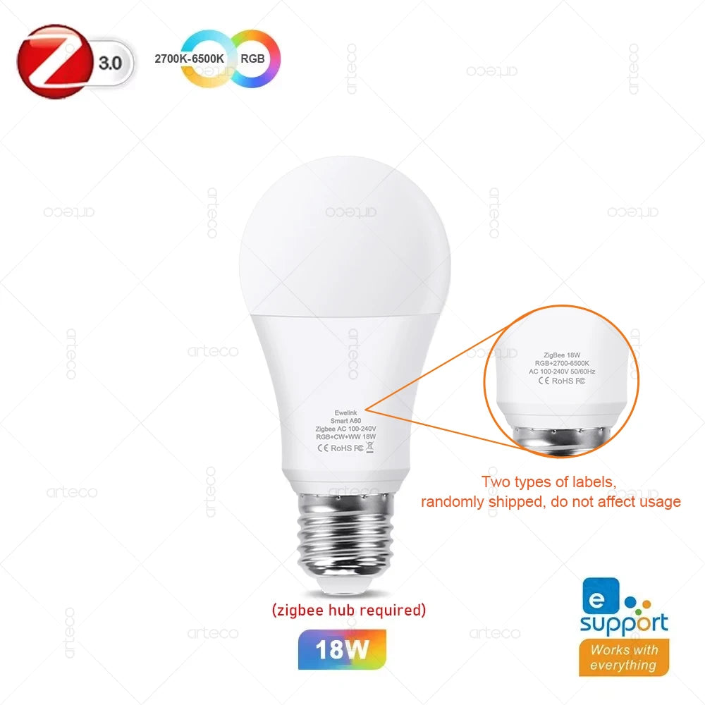 Lâmpada Inteligente Zigbee E27 RGB 15W/18W - Conectividade Total para Sua Casa