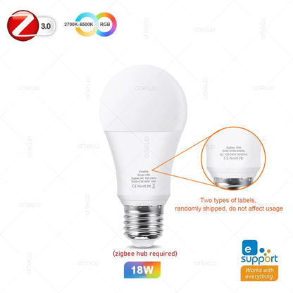 Lâmpada Inteligente Zigbee E27 RGB 15W/18W - Conectividade Total para Sua Casa