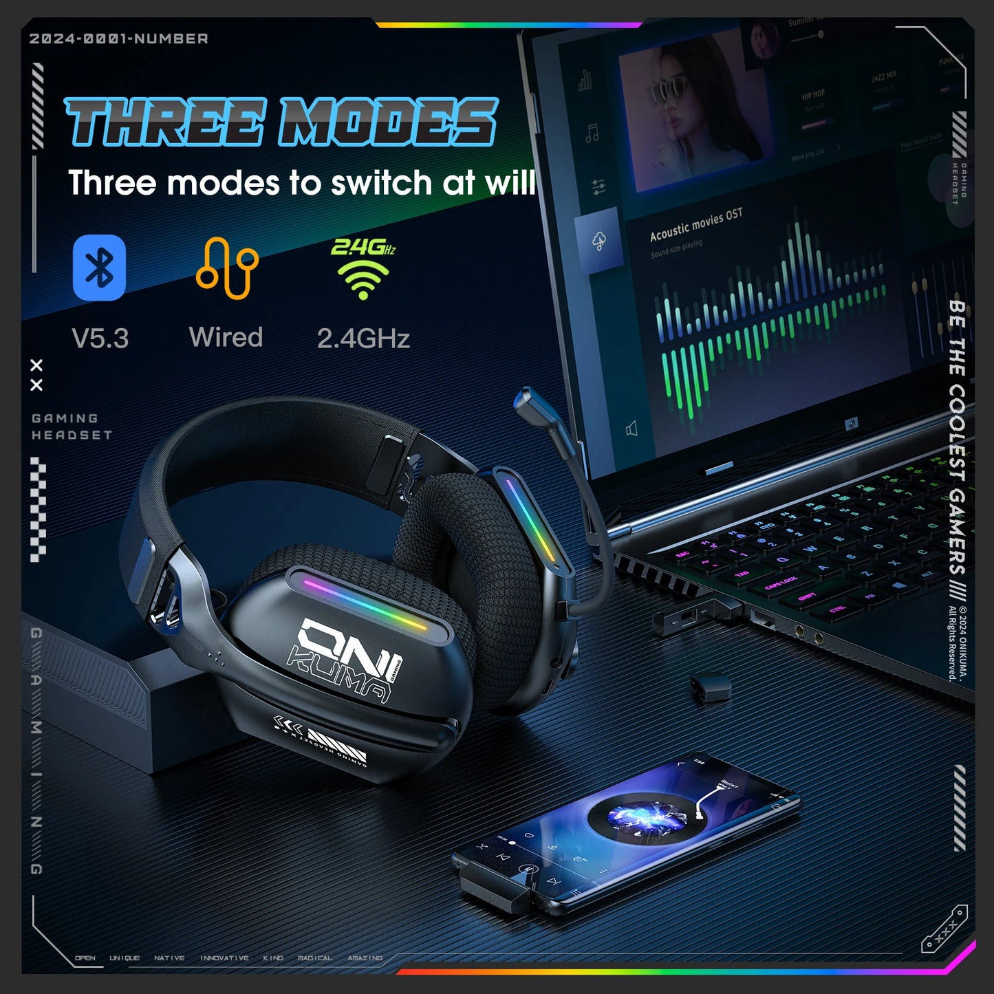 Headset Gamer Onikuma GT808 - Sem Fio, RGB e Três Modos com Microfone