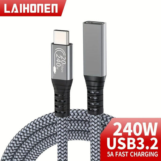 Cabo Extensor USB-C 10 pés - Carregamento 240W e Transmissão de Dados 20Gbps