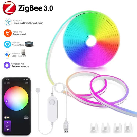 Fita de LED RGB Neon 1-5M USB Zigbee 3.0 Tuya - À Prova D'Água e Dimerizável