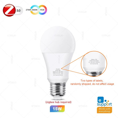 Lâmpada Inteligente Zigbee E27 RGB 15W/18W - Conectividade Total para Sua Casa