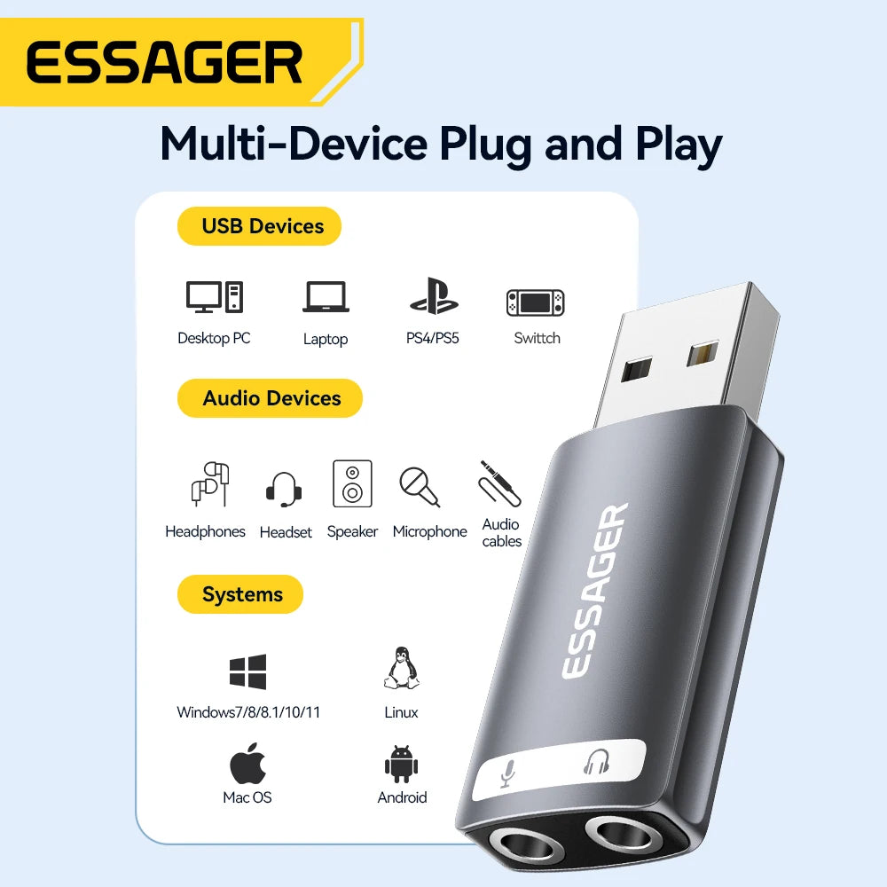 Adaptador de Áudio USB Essager para Fones de Ouvido e Microfone 3.5mm
