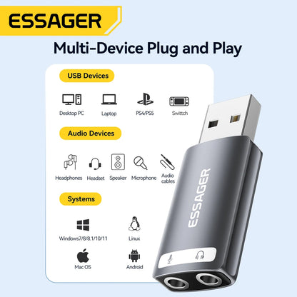 Adaptador de Áudio USB Essager para Fones de Ouvido e Microfone 3.5mm
