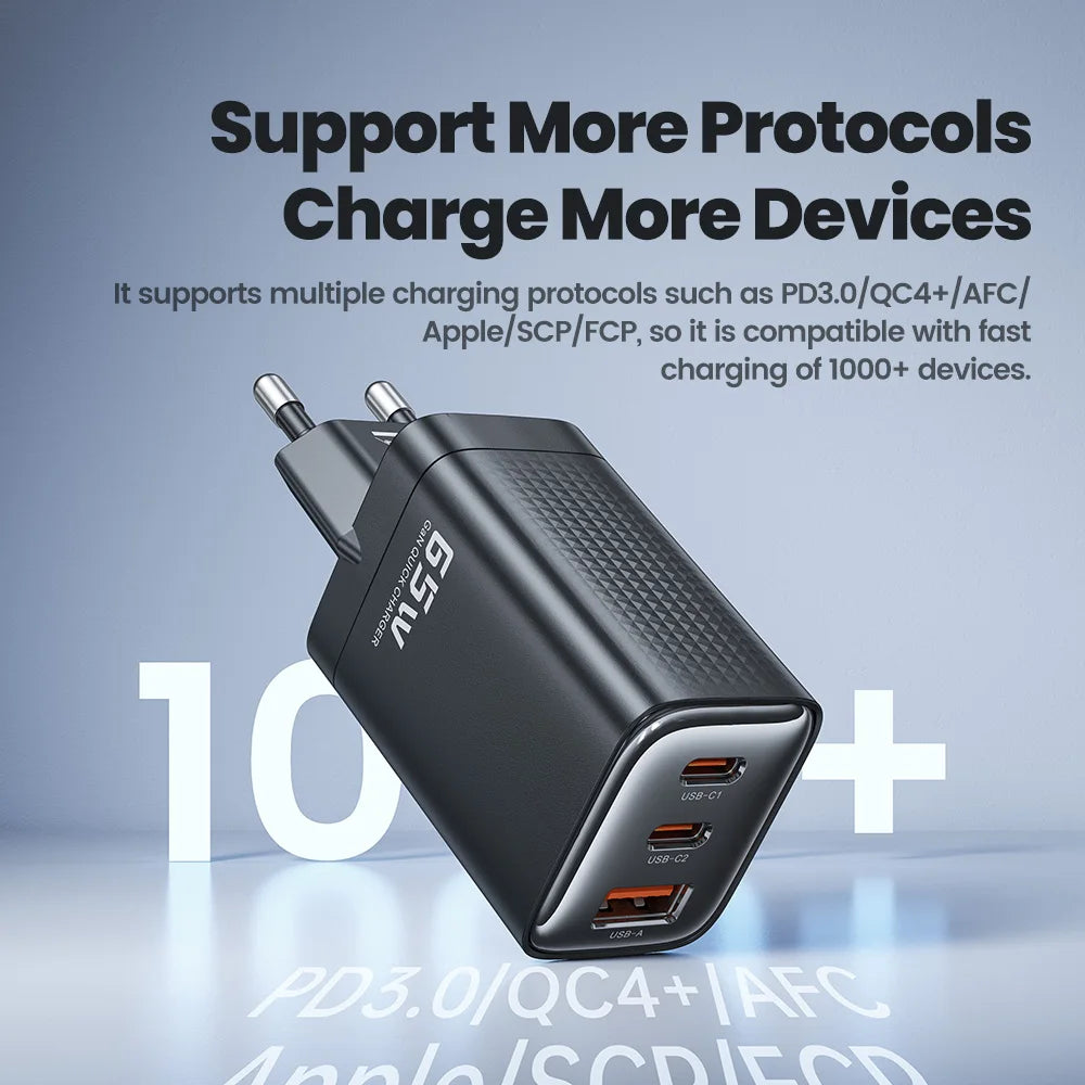 Carregador Toocki GaN 65W USB Type C - Carregamento Rápido para iPhone e Samsung