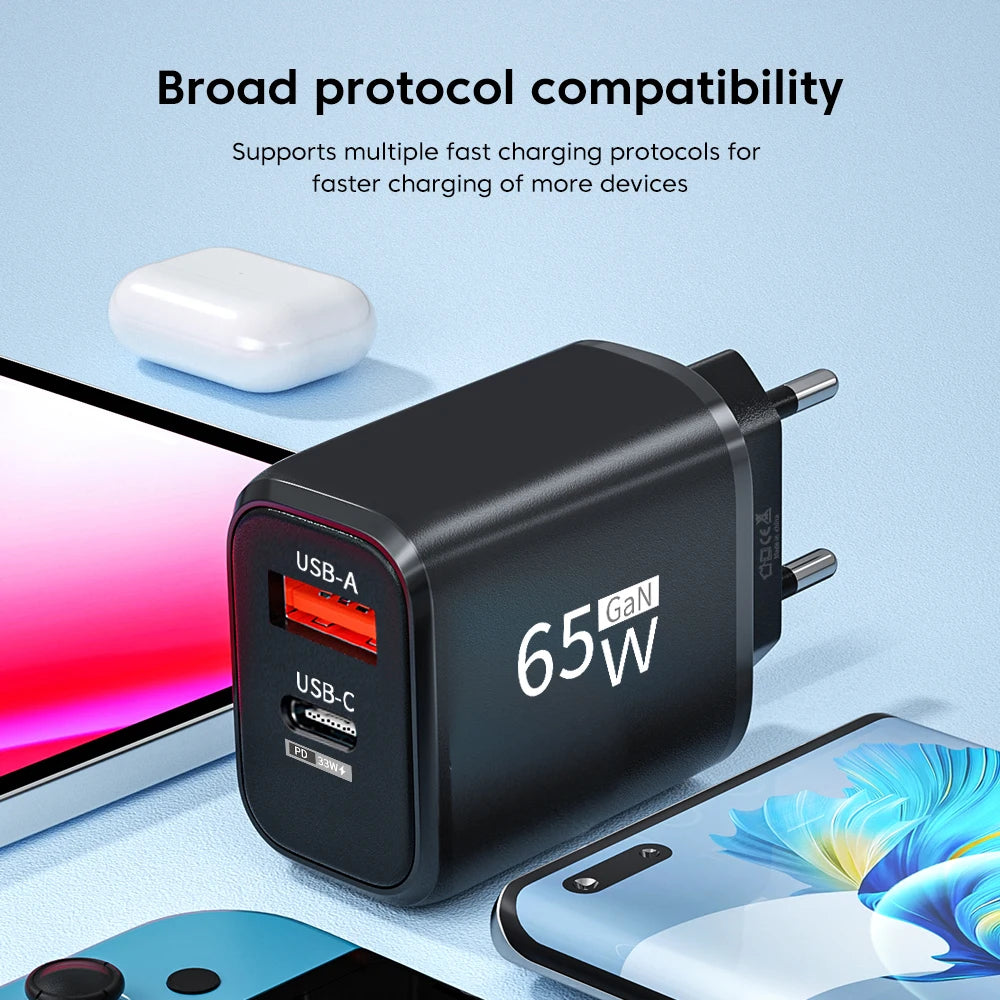 Carregador Rápido PD 65W GaN 2 em 1 - Plugue EU com Duas Portas USB Type C