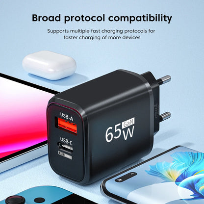 Carregador Rápido PD 65W GaN 2 em 1 - Plugue EU com Duas Portas USB Type C