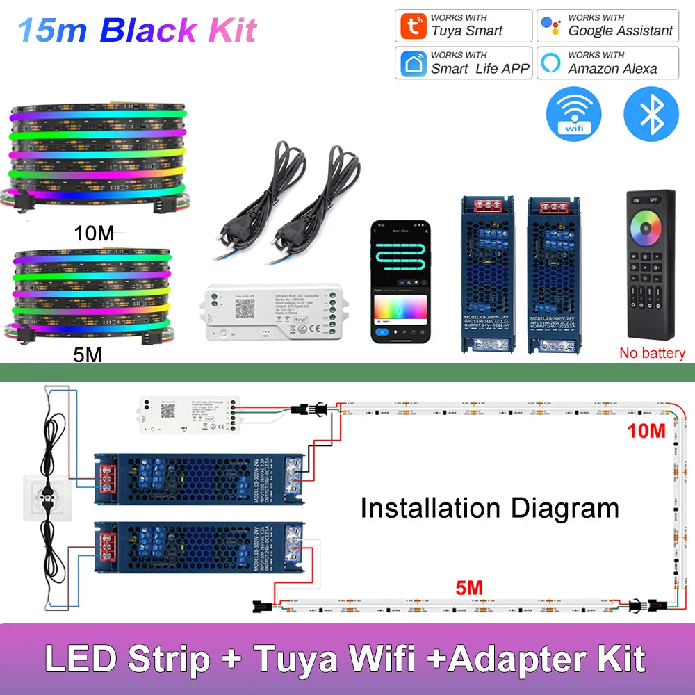 Fita de LED COB RGB Endereçável 1-25M 24V WS2811 com Controle Tuya WiFi