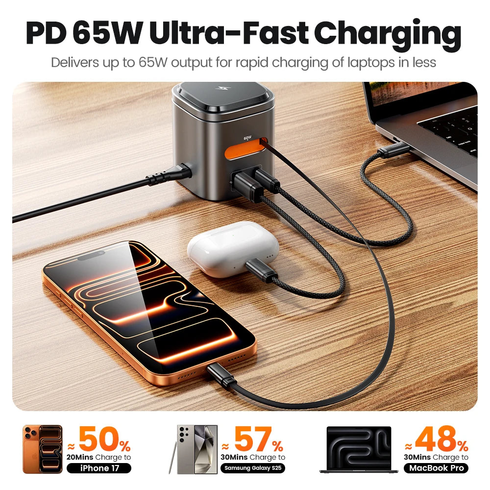 Estação de Carregamento Toocki 80W 6 em 1 com GaN para Magsafe 15W e Cabo Retrátil 60W