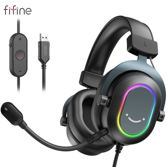 Fone de Ouvido Gamer Fifine H6 com RGB e Microfone - Som Surround 7.1