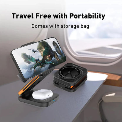 Estação de Carregamento 3 em 1 Dobrável com Carregador Sem Fio Magnético Rápido para iPhone, Apple Watch e AirPods