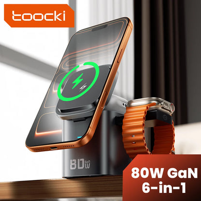 Estação de Carregamento Toocki 80W 6 em 1 com GaN para Magsafe 15W e Cabo Retrátil 60W