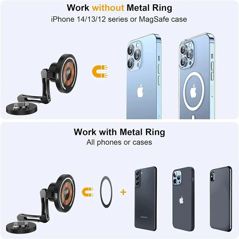Carregador Sem Fio Magnético 15W com Suporte Dobrável e Rotação 360° para iPhone e Samsung