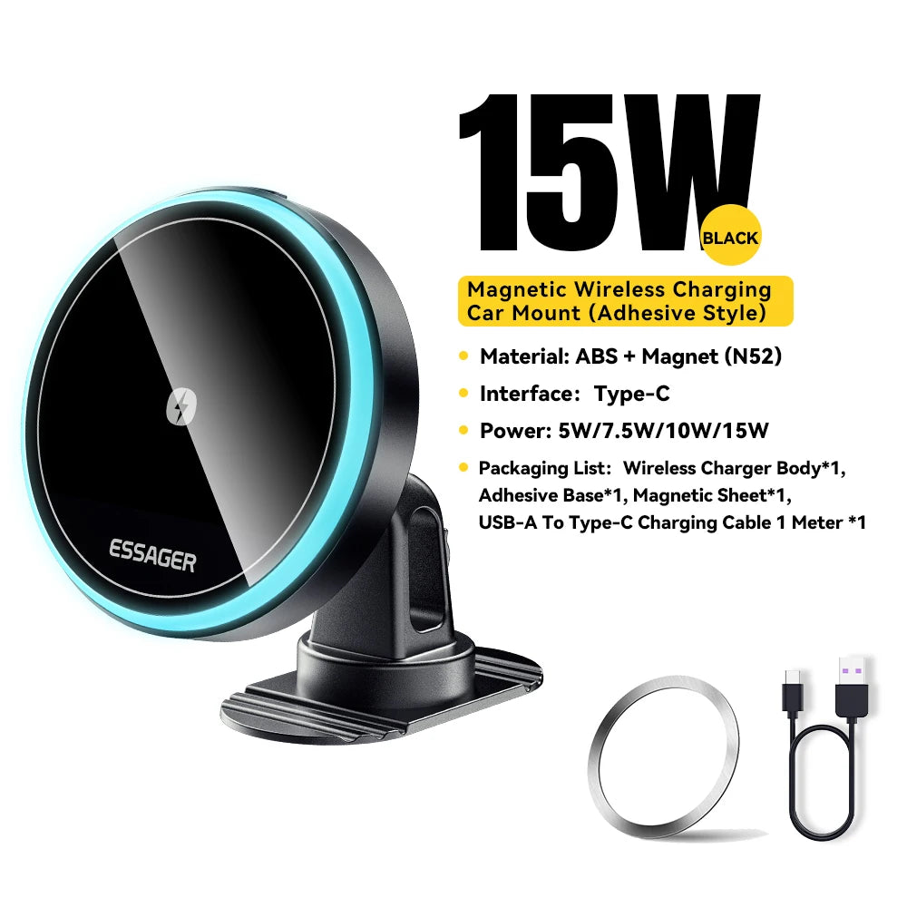 Suporte Veicular Magnético para Carregamento Sem Fio Essager 15W com Luz RGB