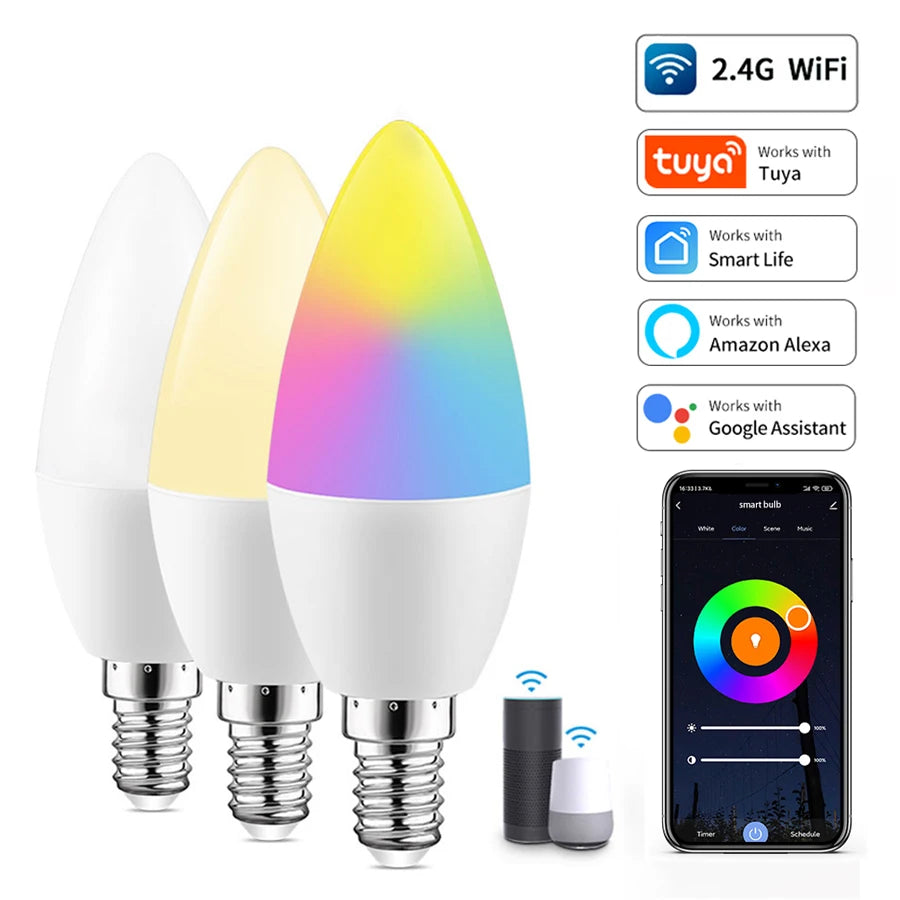 Lâmpada LED Inteligente Tuya E14 - Controle por Voz e App