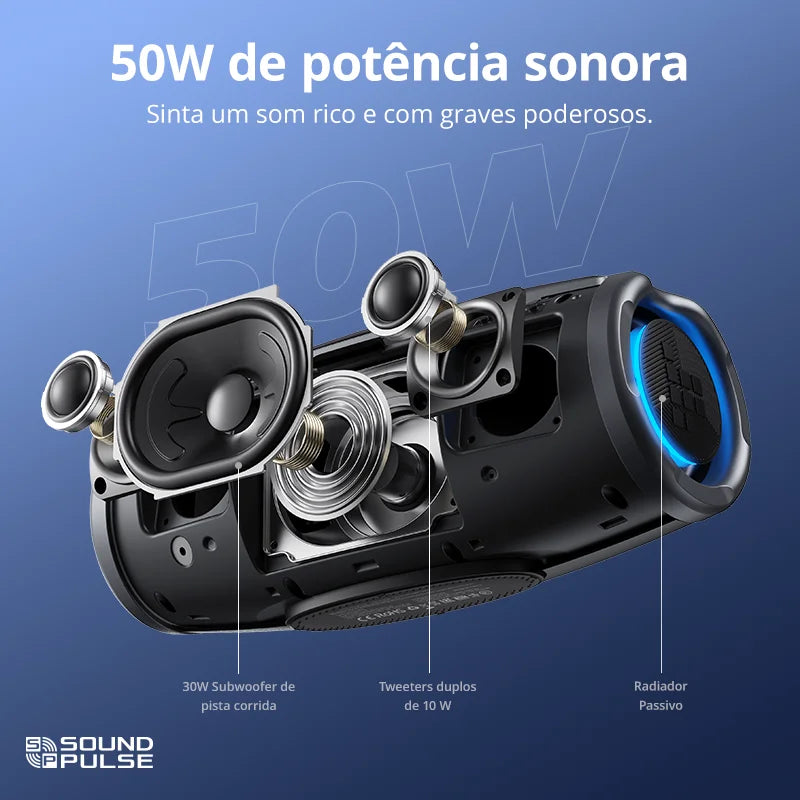 Caixa de Som Bluetooth Tronsmart Mirtune S100 - Potência de 50W, Impermeável IPX7, Alça Retrátil e Powerbank Integrado