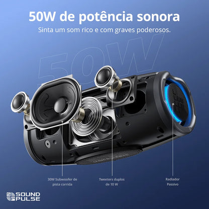 Caixa de Som Bluetooth Tronsmart Mirtune S100 - Potência de 50W, Impermeável IPX7, Alça Retrátil e Powerbank Integrado