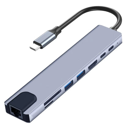 Hub USB-C 8 em 1 - Adaptador Type C 3.1 para 4K HDTV com RJ45 e Leitor de Cartão SD/TF